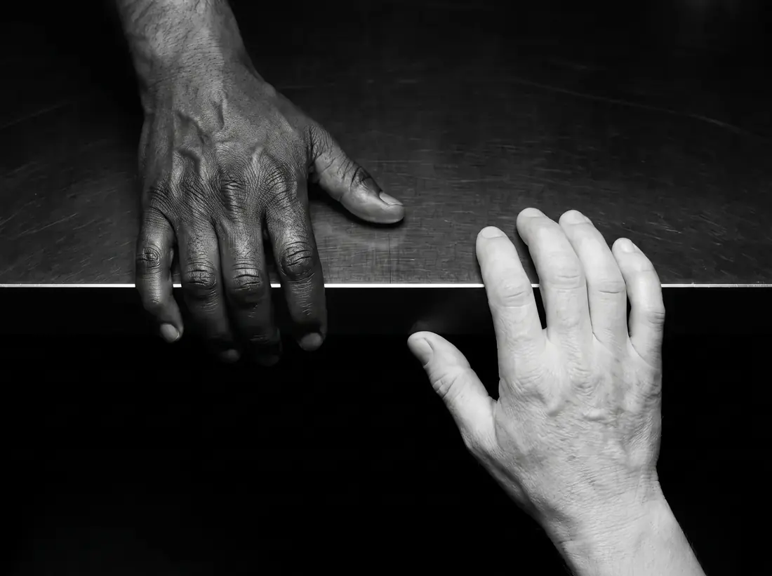 Two hands resting either side of a thin seam of light on a black workbench