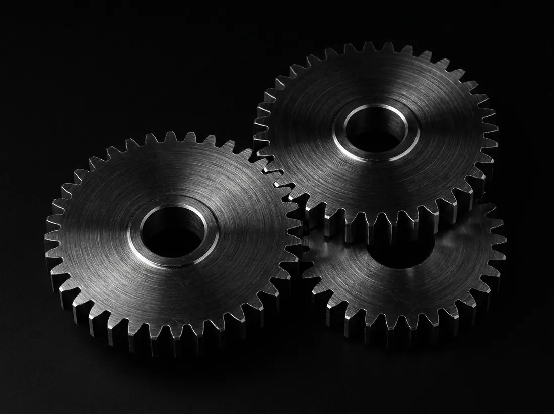 Three interlocking machined steel gears on a black surface