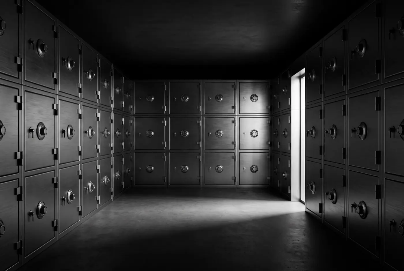 The interior of a bank vault, a grid of machined deposit doors under raking light